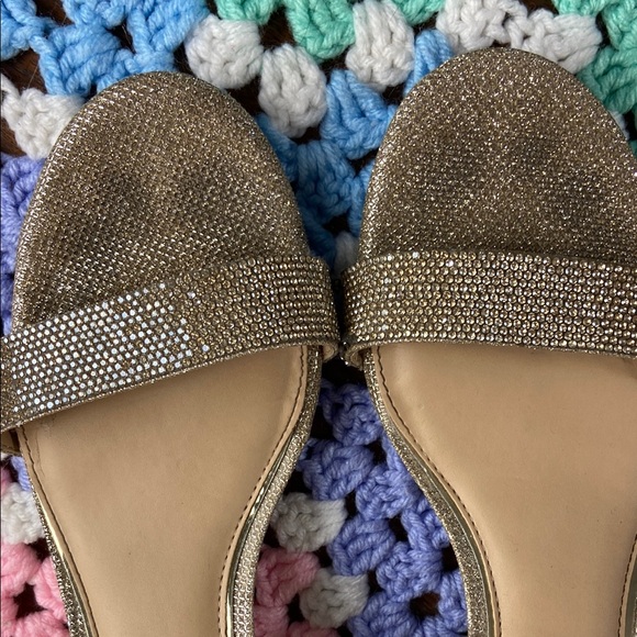 Copper Key Waltz Gold Rhinestone Glitter Shimmer Bedazzled Strappy Sandals Heels - Picture 2 of 15